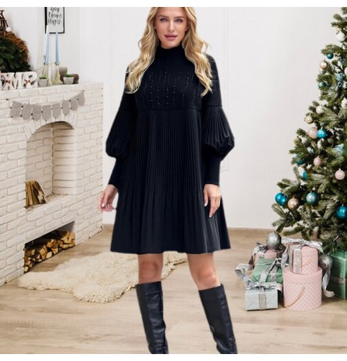 Weihnachts-SonderangeboteElegantes Schwarzes Plisseekleid für Damen mit Laternenrmeln