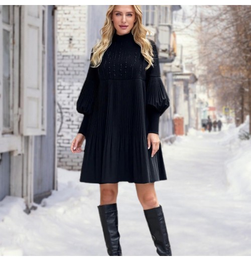 Weihnachts-SonderangeboteElegantes Schwarzes Plisseekleid für Damen mit Laternenrmeln