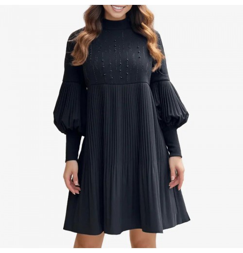 Weihnachts-SonderangeboteElegantes Schwarzes Plisseekleid für Damen mit Laternenrmeln