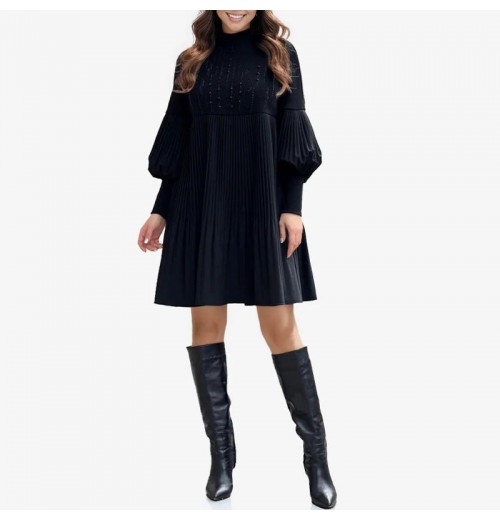 Weihnachts-SonderangeboteElegantes Schwarzes Plisseekleid für Damen mit Laternenrmeln