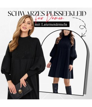 Weihnachts-SonderangeboteElegantes Schwarzes Plisseekleid für Damen mit Laternenrmeln