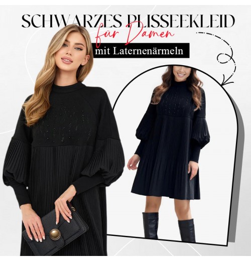 Weihnachts-SonderangeboteElegantes Schwarzes Plisseekleid für Damen mit Laternenrmeln