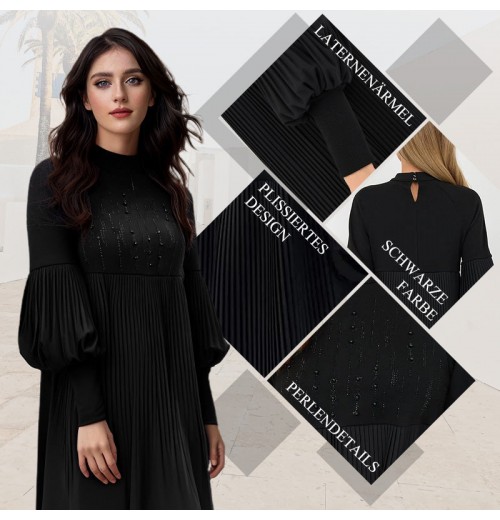 Weihnachts-SonderangeboteElegantes Schwarzes Plisseekleid für Damen mit Laternenrmeln