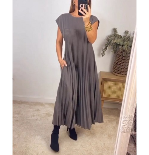 Heute 35% RabattWomen Pleated Simple Solid Color Dress