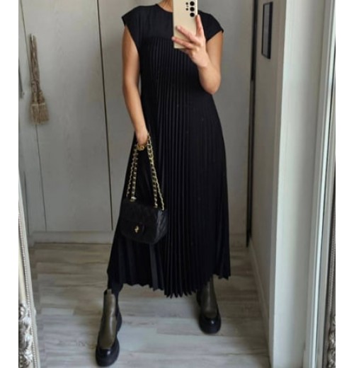 Heute 35% RabattWomen Pleated Simple Solid Color Dress