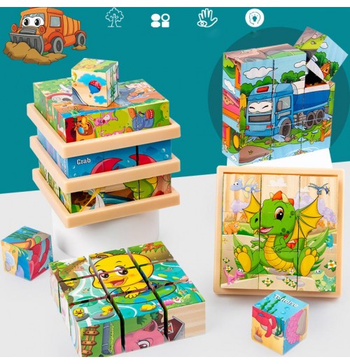 9-teiliges 3D-Würfelpuzzle-Set aus Holz mit sechsseitigen Bildern