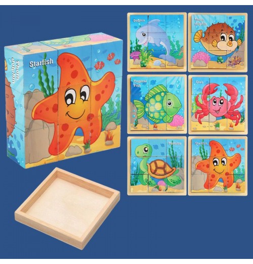 9-teiliges 3D-Würfelpuzzle-Set aus Holz mit sechsseitigen Bildern