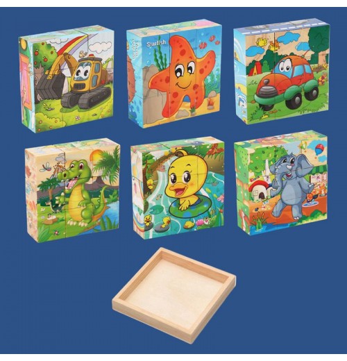 9-teiliges 3D-Würfelpuzzle-Set aus Holz mit sechsseitigen Bildern